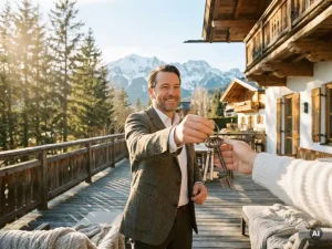 Makelaar overhandigt chalet sleutels op zonnig Alpenbalkon met besneeuwde Oostenrijkse bergtoppen en luxe houten lodge op achtergrond.